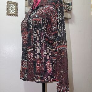 Chico's 100% Silk Blouse with Red and Black Pattern